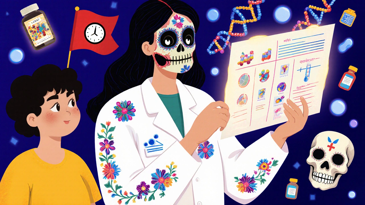 A pharmacist analyzing a glowing medication chart with AI and DNA elements, in Day of the Dead artistic style.