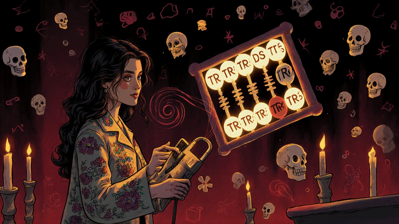 A radiologist using a transducer to illuminate a skeletal TI-RADS scale with skull-shaped beads and dancing nodules.