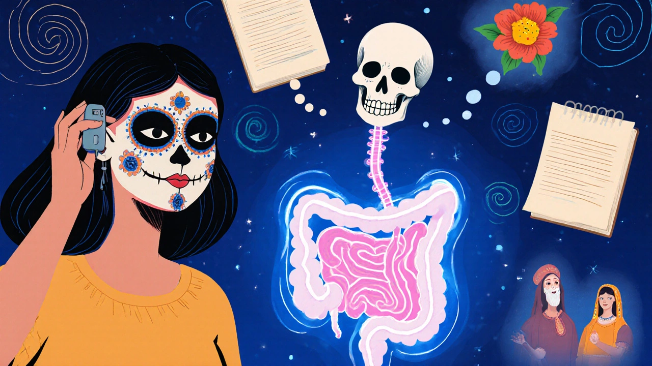 A woman with skull paint using a vagus nerve device, connected by a glowing nerve to a peaceful skeleton intestine, surrounded by marigold spirals and journal symbols.