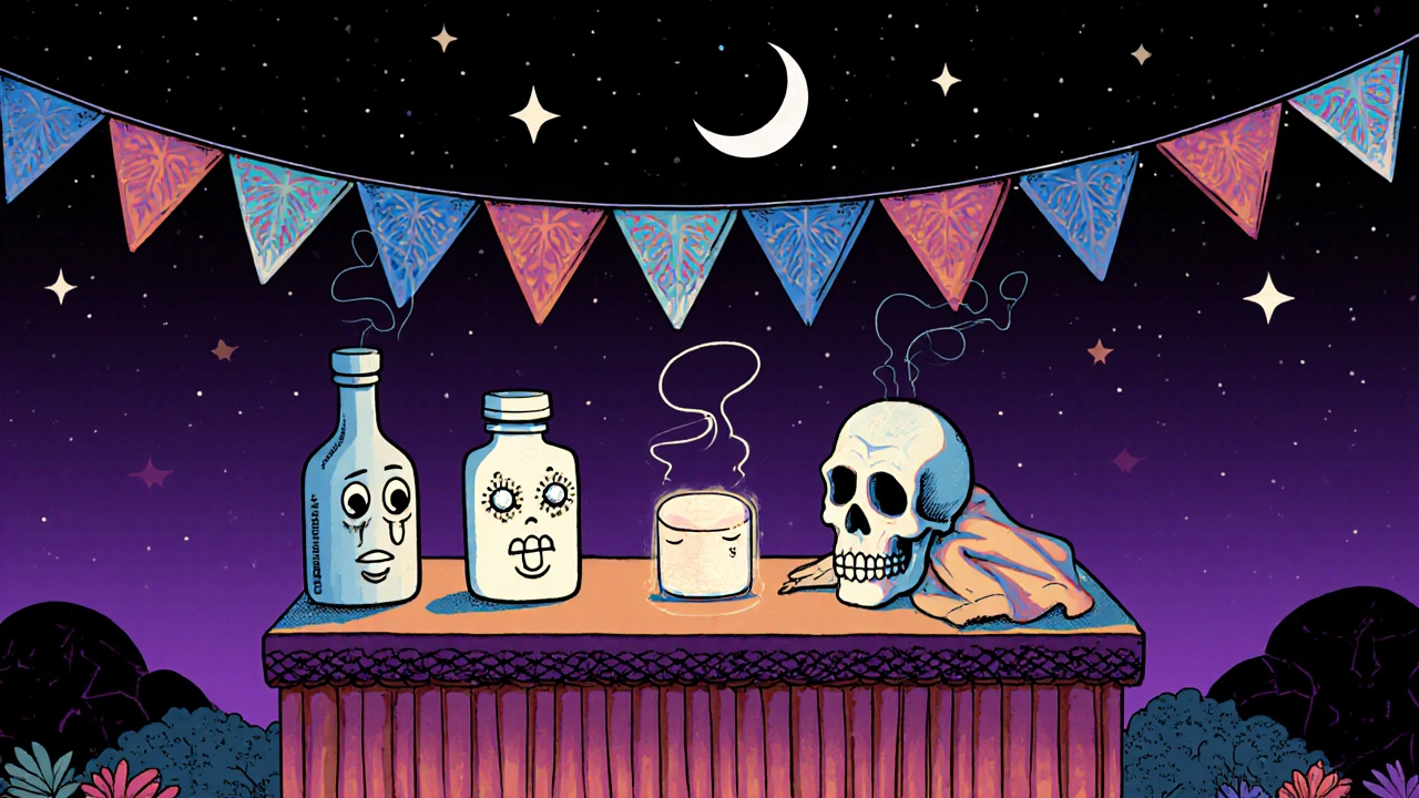 An altar with four anxiety medications as skeletal figures, with Buspar glowing gently at the center under a starry sky.