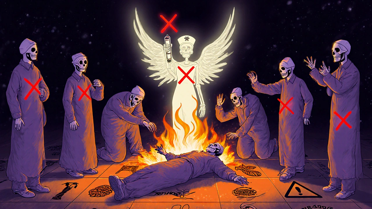 Bystanders frozen in inaction around a patient, while a skeletal angel holds up an EpiPen as glowing red Xs mark dangerous mistakes.