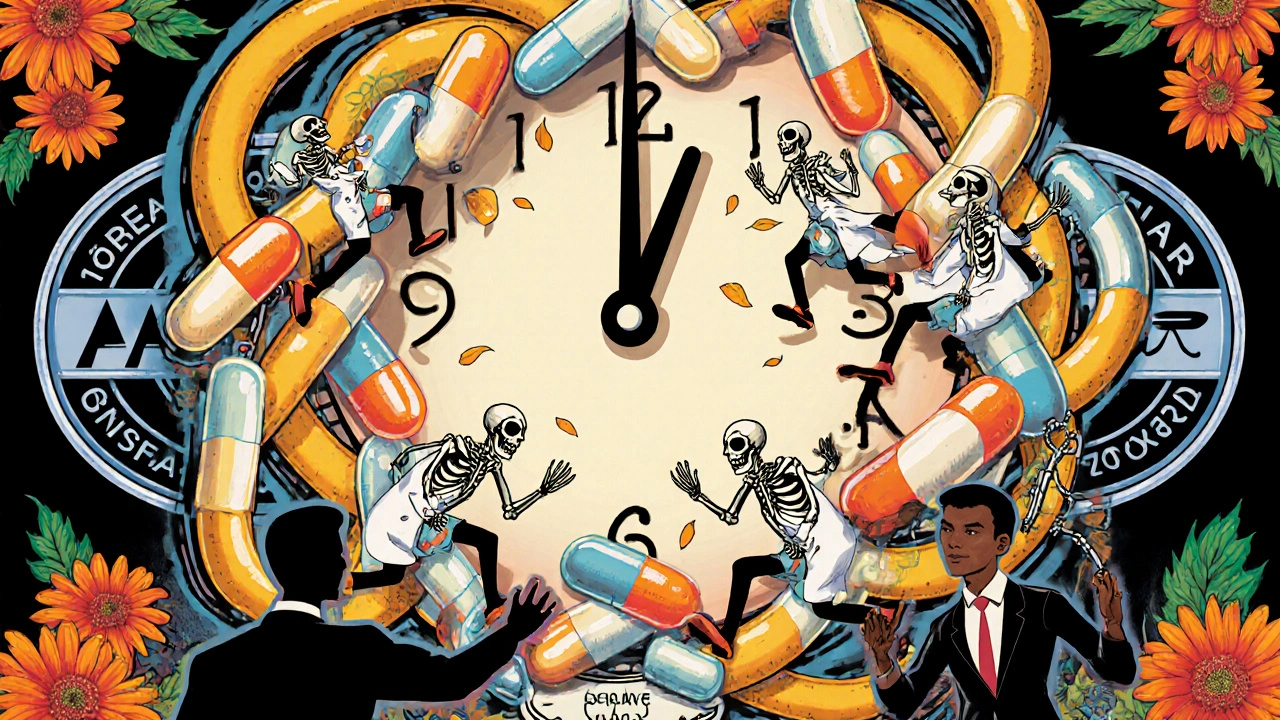 Clock made of pill capsules and marigolds with skeletal scientists racing to release generics as shadowy figures try to delay it.