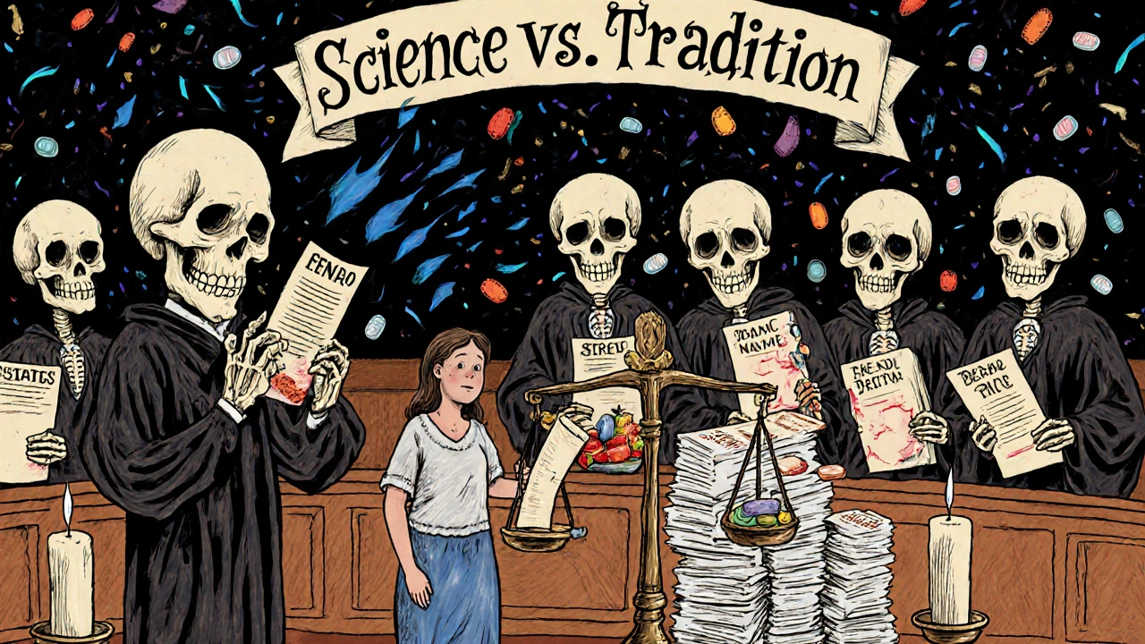 Courtroom scene with FDA skull vs. state judge skeletons, a scale balancing generic and brand pills, surrounded by paperwork and marigold petals.