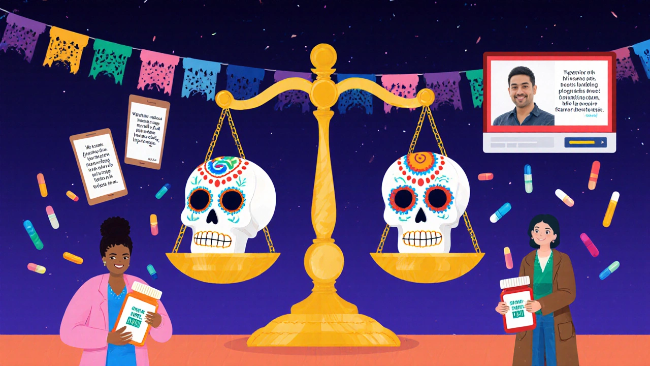 Diverse patients hold sugar skull pill bottles with glowing benefits, while an FDA scale balances both pills.