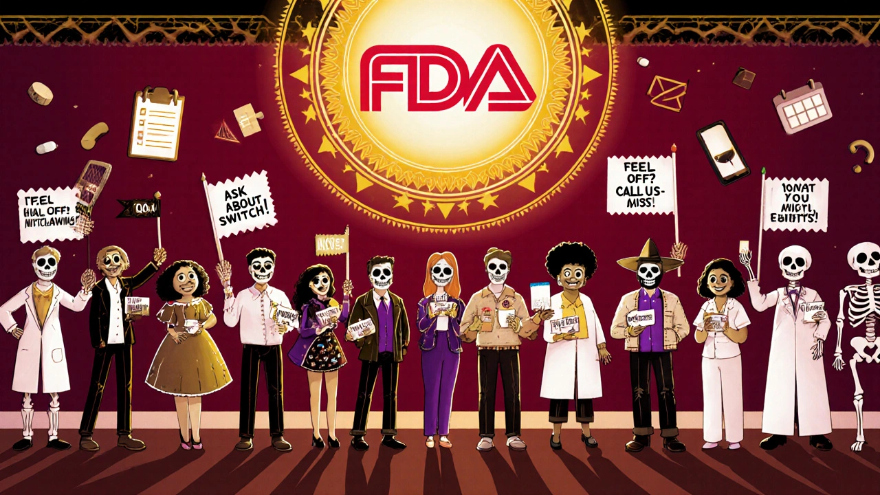 Diverse patients receive personalized notes from skeletal pharmacists in a vibrant Day of the Dead pharmacy.