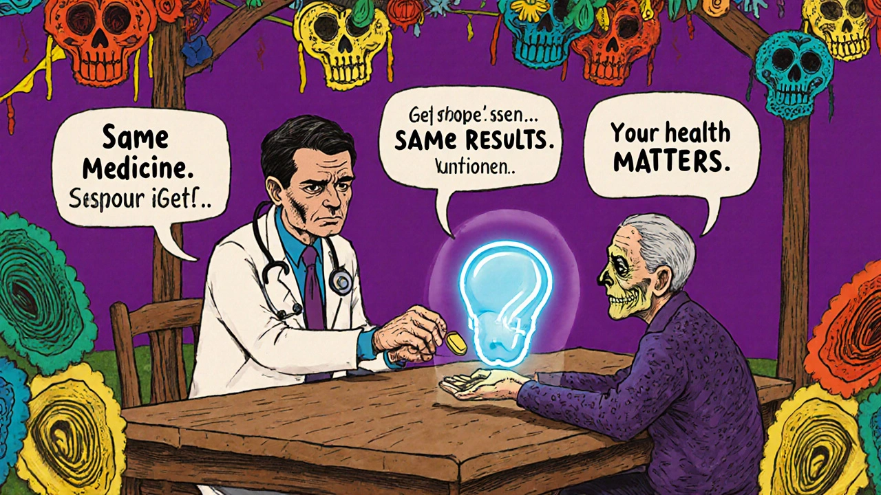 Doctor and elderly patient share a pill at a table with floating phrases about trust and equivalence.