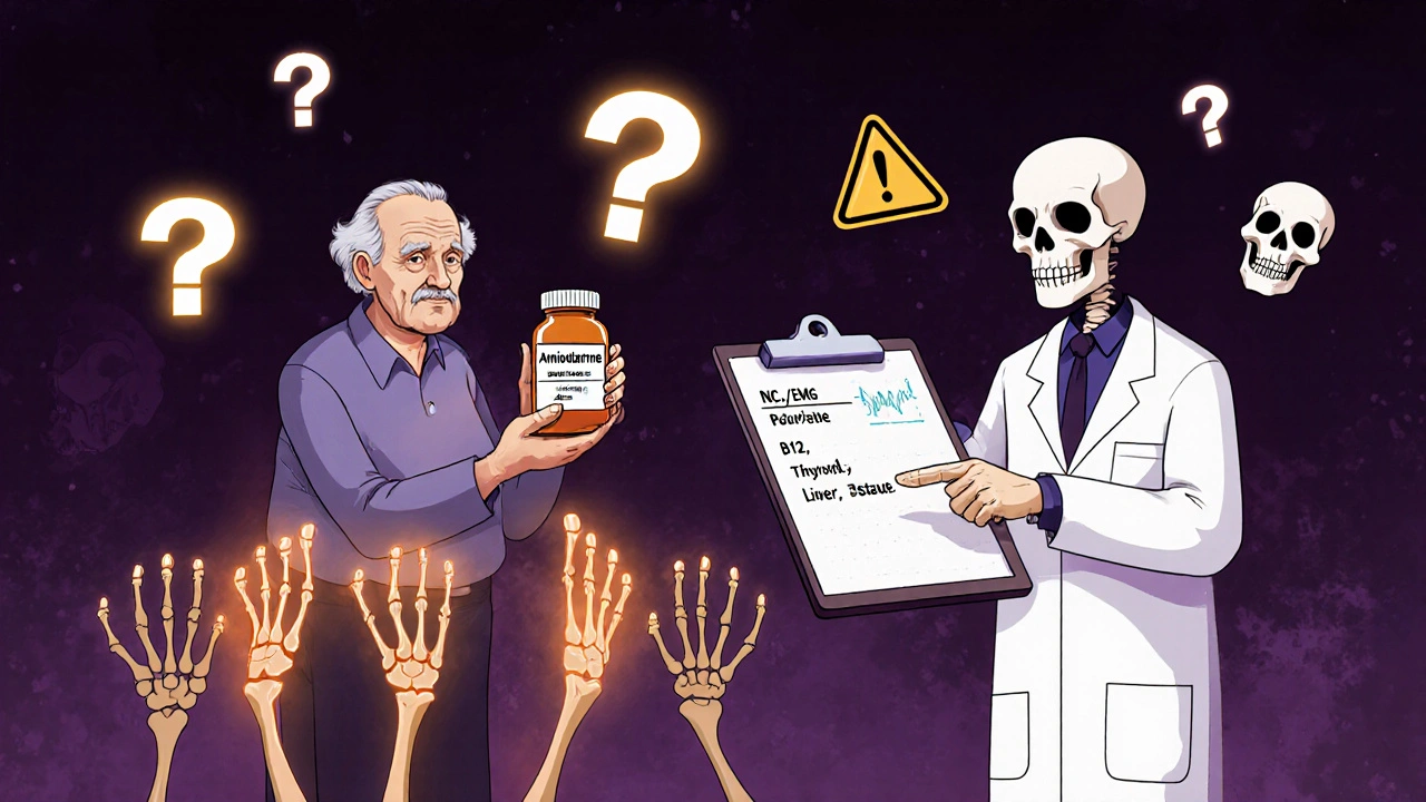 Elderly patient with glowing nerve damage in hands and feet, holding amiodarone bottle as doctor points to tests.