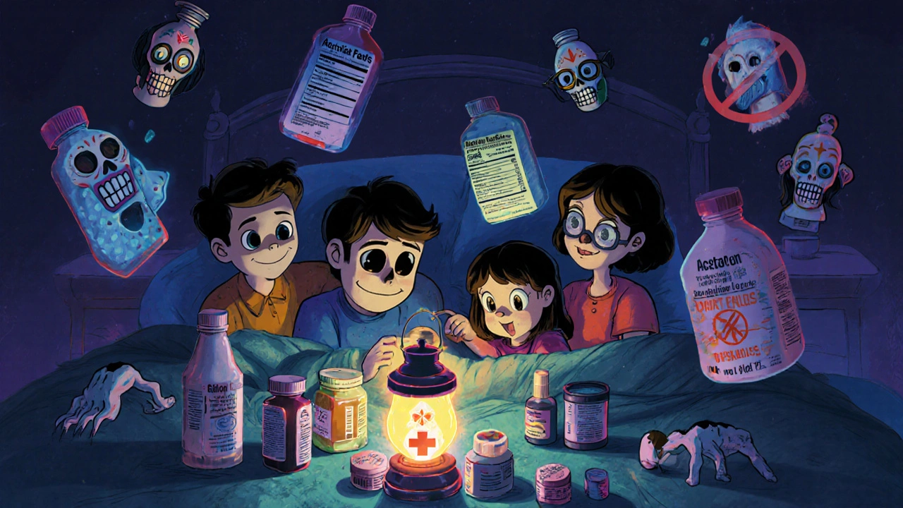 Family checking first aid supplies at night with skull lantern, expired meds fading into spirits.