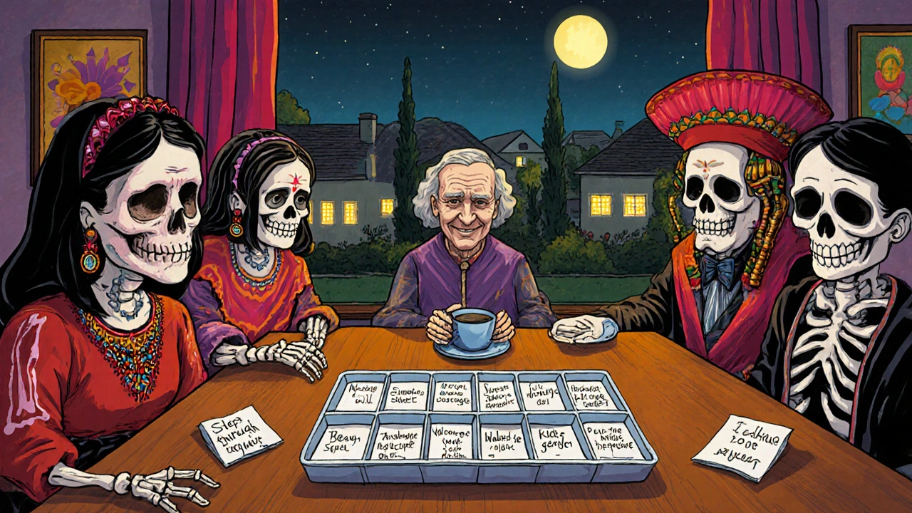 Family gathered around an empty pill organizer filled with notes of improved health, ancestors smiling nearby.