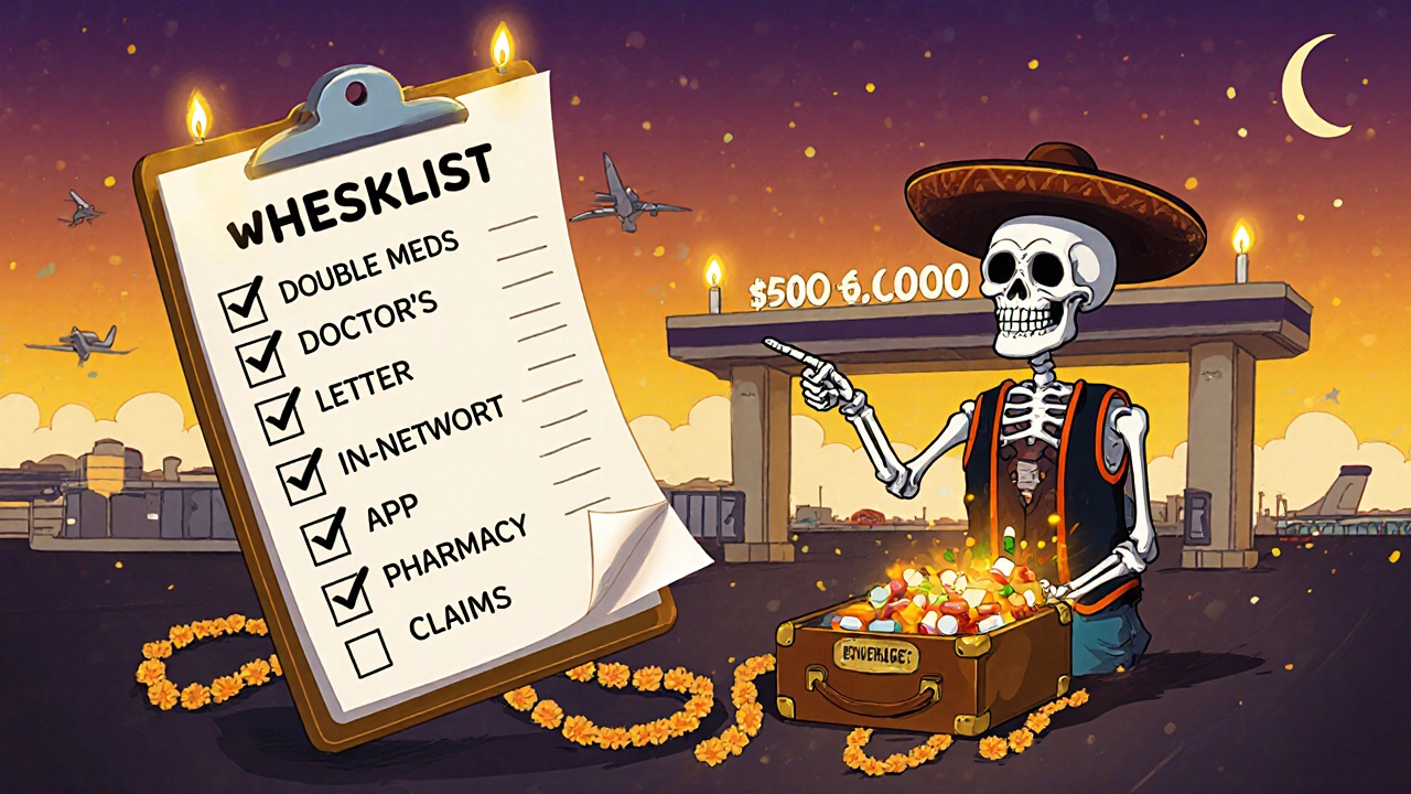 Floating checklist with travel tips glowing like spirit banners, pills spilling from suitcase toward airport