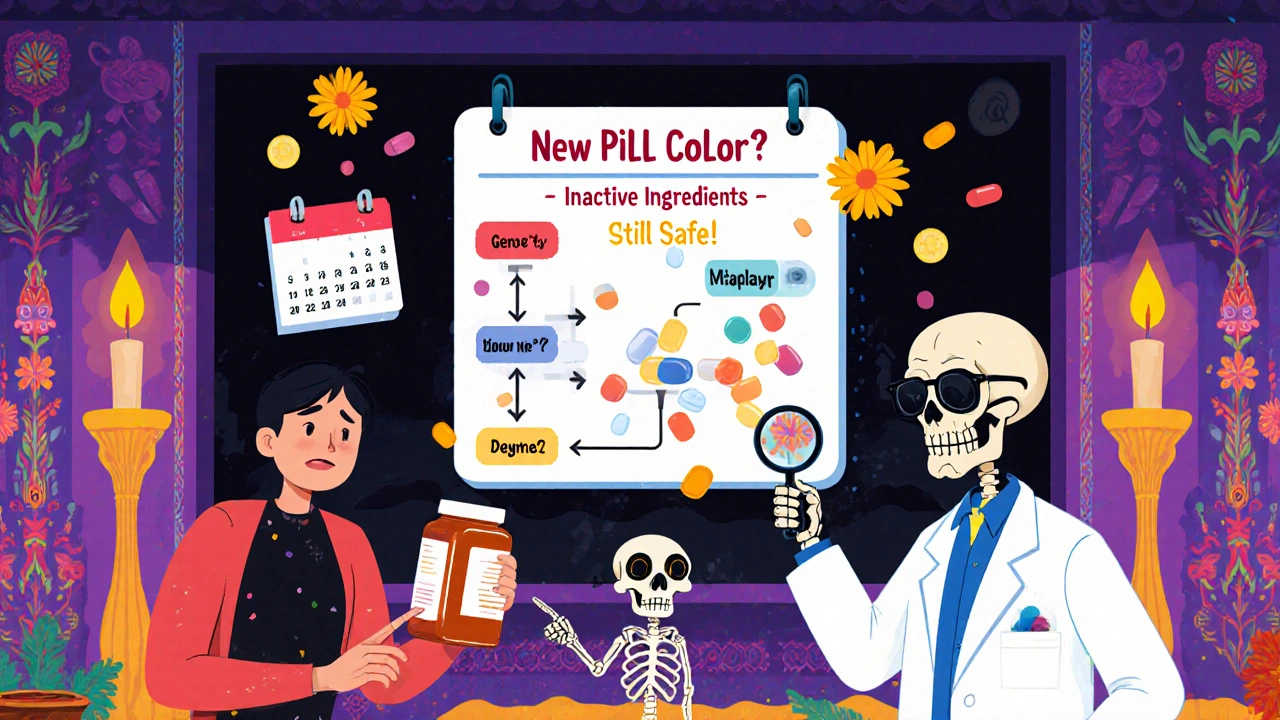 Patient examines a pill bottle as a skeleton pharmacist explains color change with a floating flowchart.