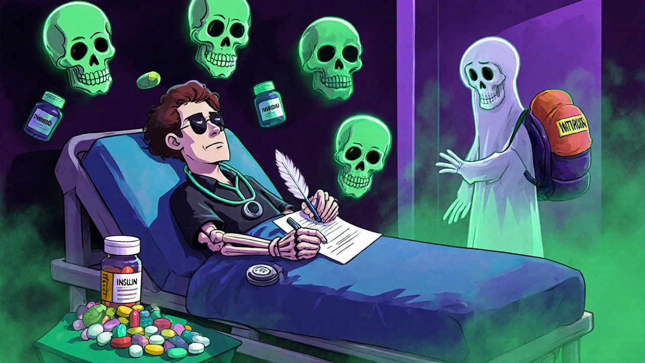 Patient on hospital gurney receiving prescription from skeleton doctor, ghostly pills floating nearby