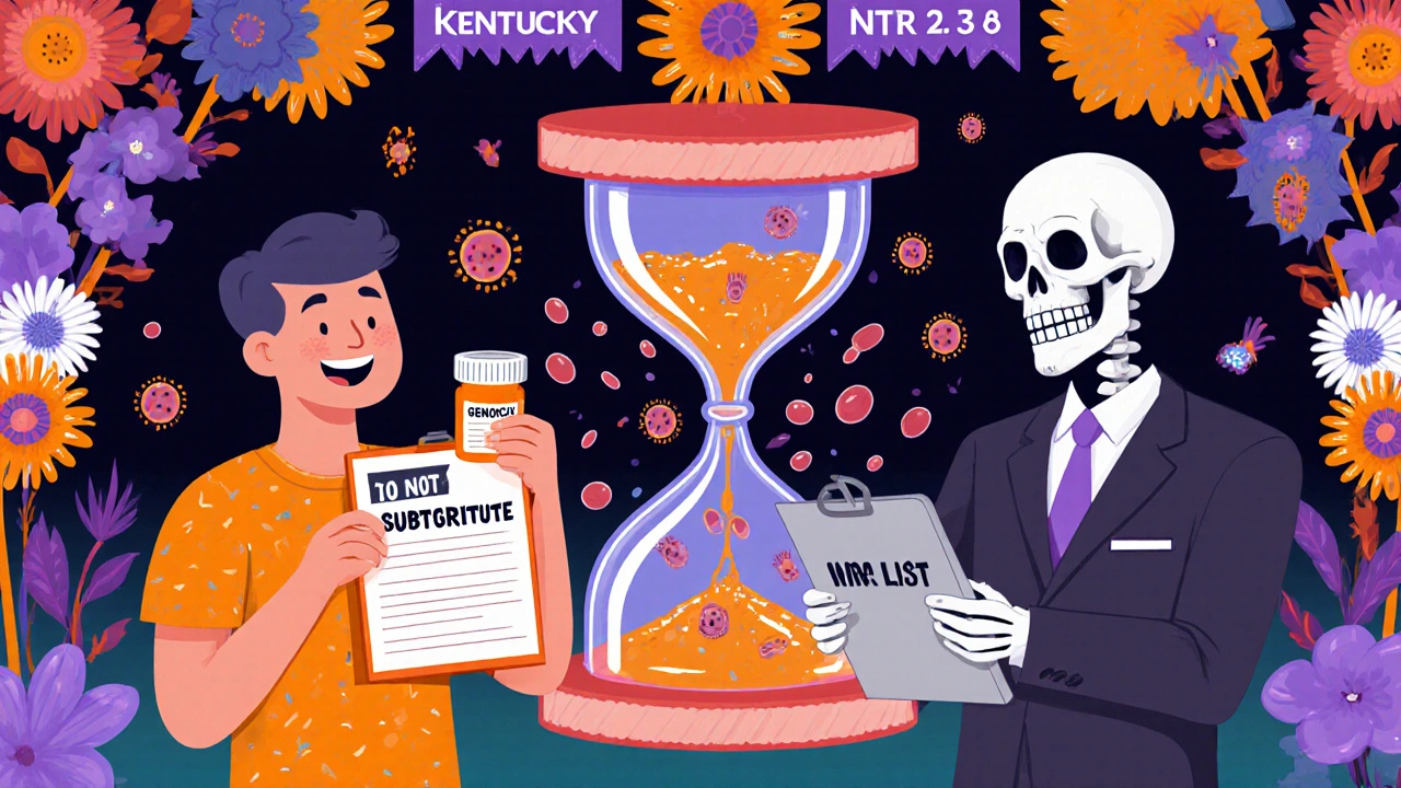 Patient receiving a generic pill as a ghostly doctor objects, with a skull pharmacist and an hourglass showing dangerous INR change.