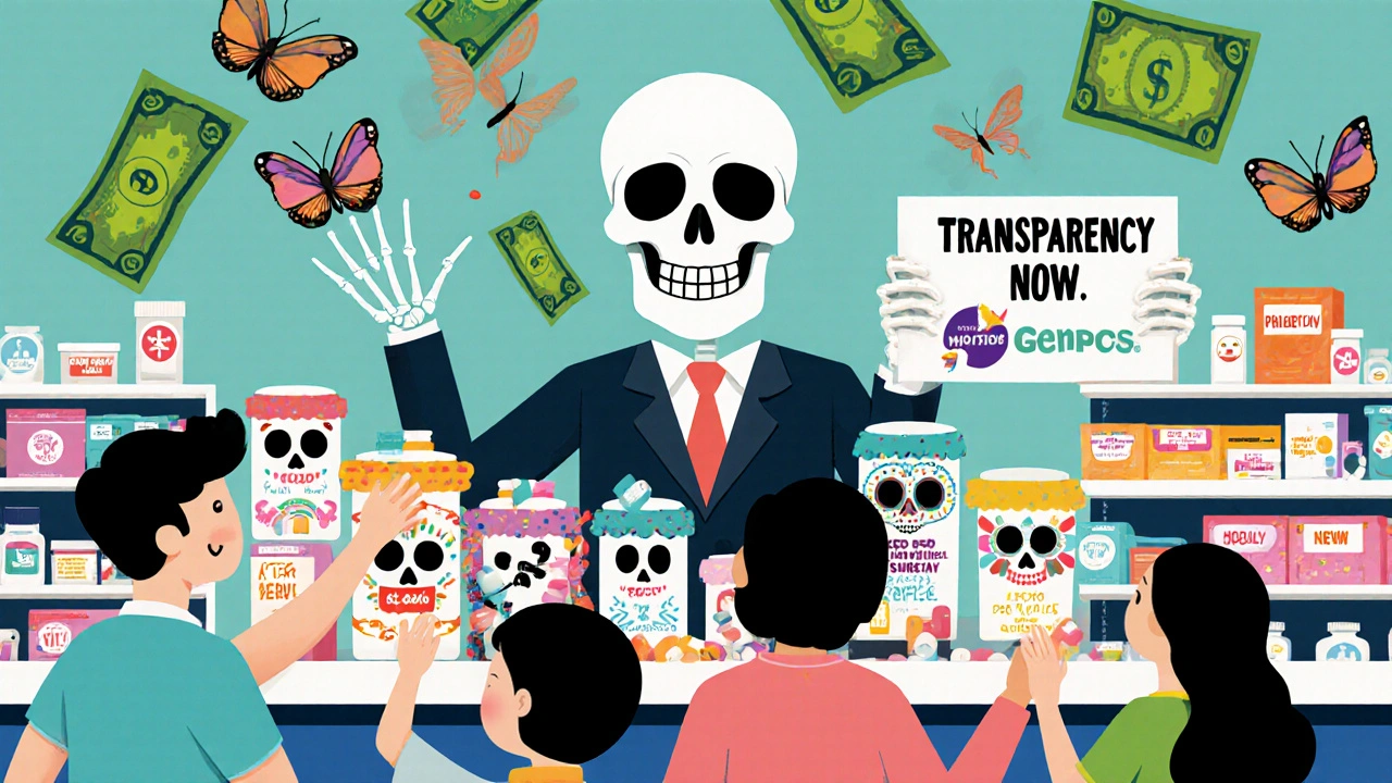 Patients choosing affordable generics at a colorful pharmacy counter, with a skeleton CEO watching as dollar bills turn into butterflies.
