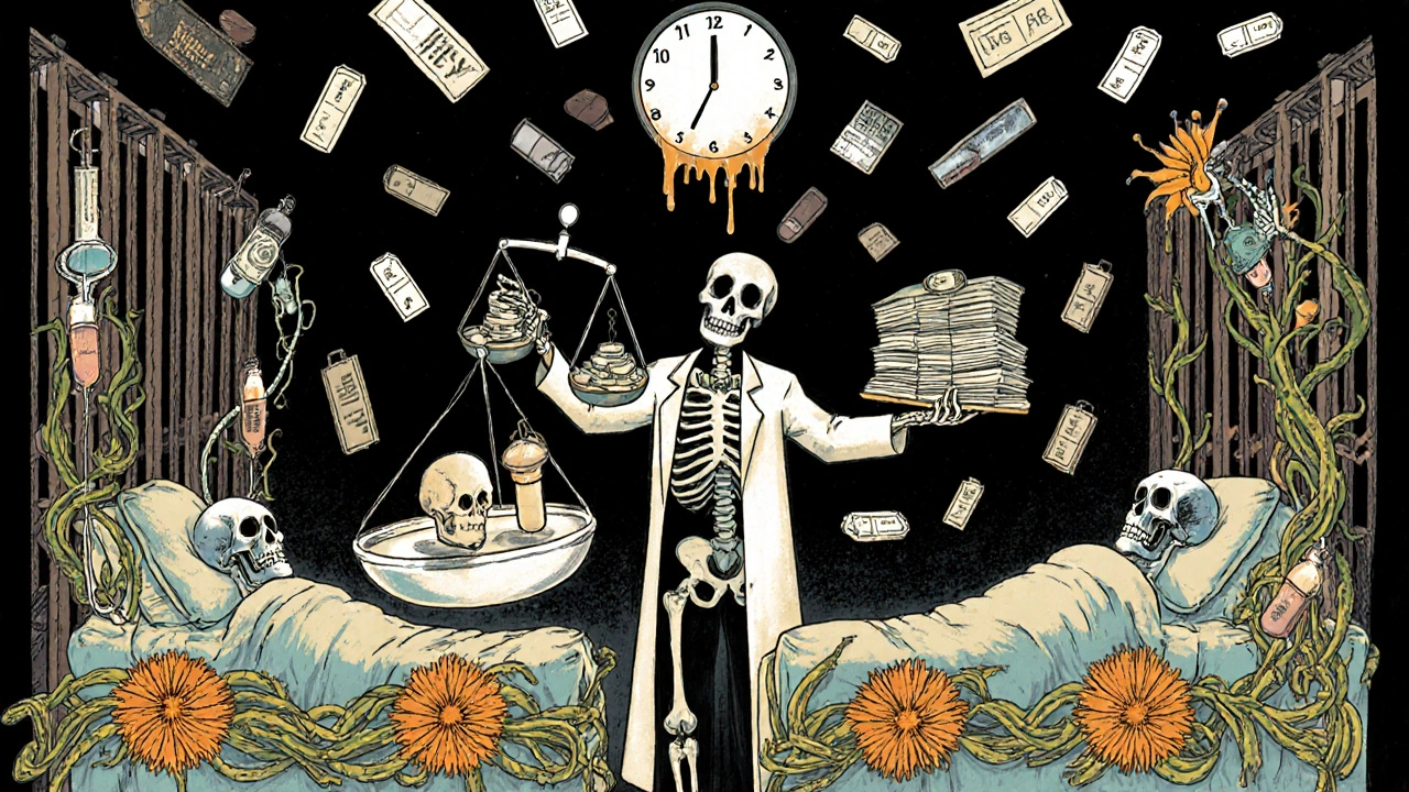 Patients connected to IV vines with floating skulls, a doctor balances cash against patient files, clock melting into pills under fading prescriptions.