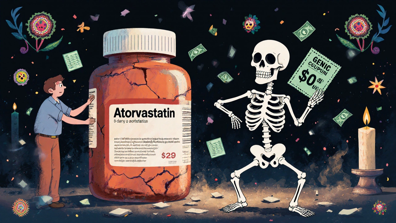 Pharmacist holding expired brand-name bottle as new generic skull dances with discount coupon nearby.