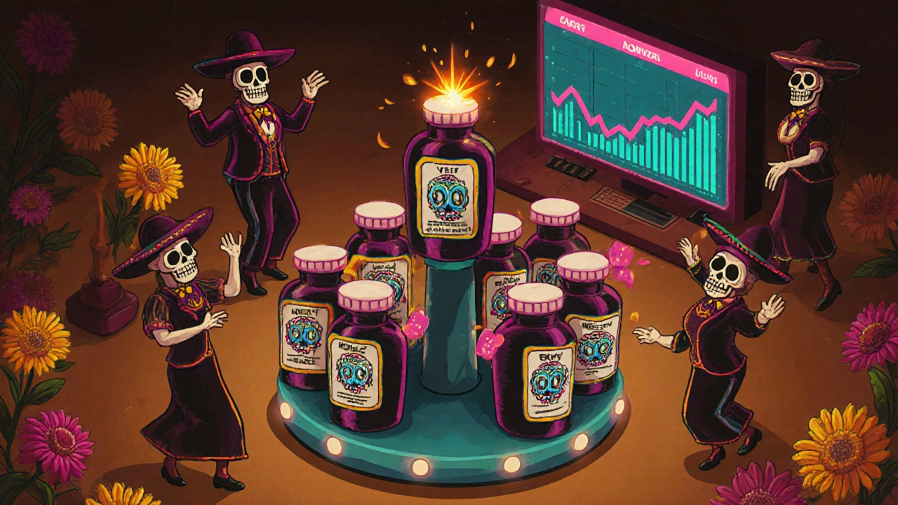 Pharmacy staff dancing around rotating drug carousel with expiry-date skull icons and marigold petals.