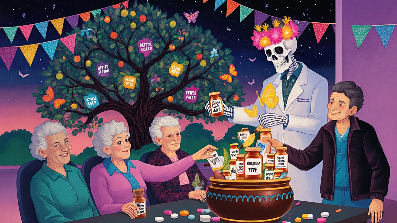 Seniors giving pill bottles to a skeletal pharmacist, who transforms them into butterflies in a ceremonial urn.