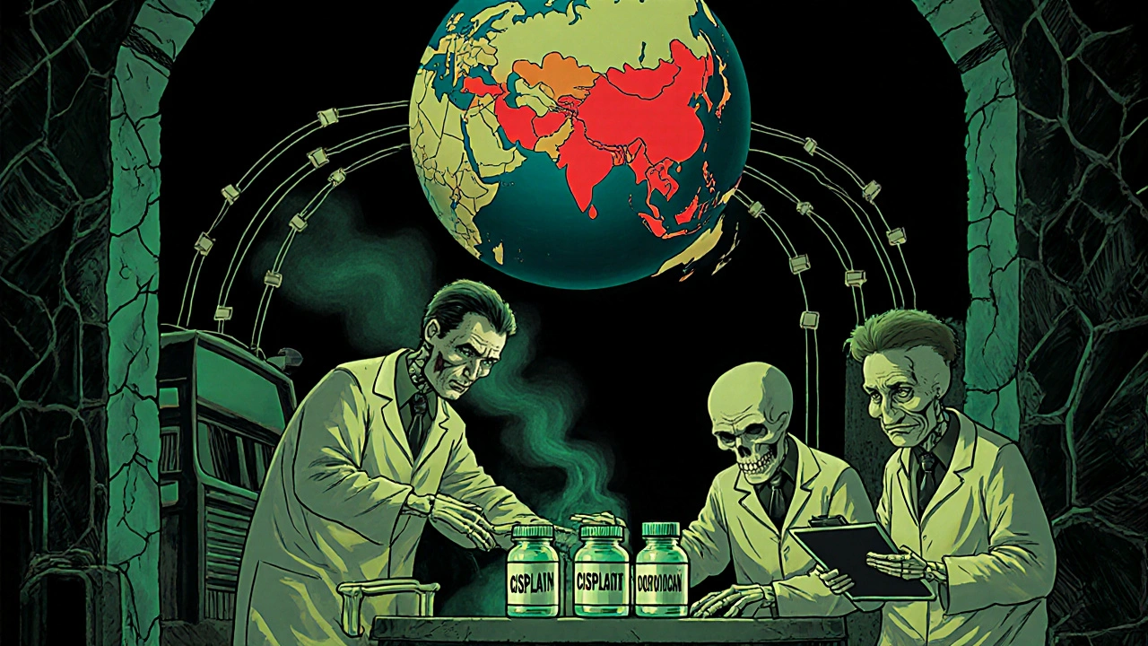 Skeletal factory workers repair a broken machine as FDA inspectors examine contaminated vials, with China and India glowing red on a skull-shaped globe.