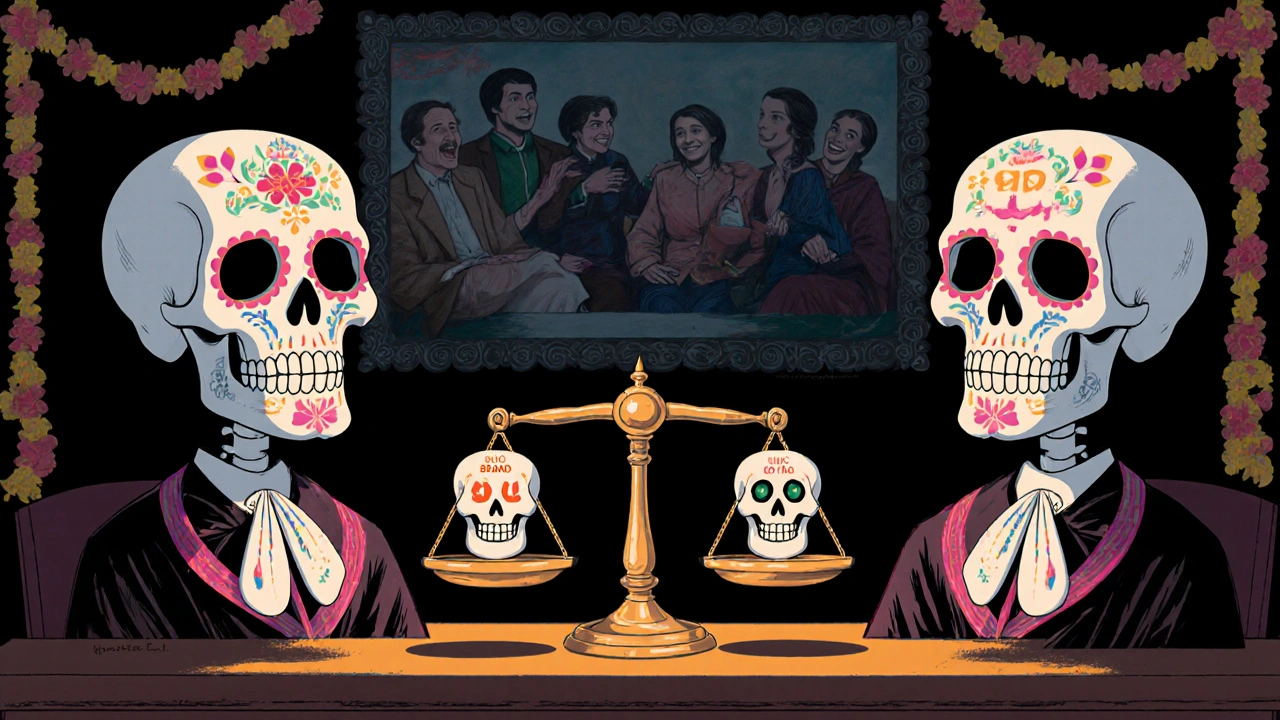 Skeletal judges balancing AUC and Cmax values on a scale as brand and generic pills stand as defendants in a Day of the Dead courtroom.