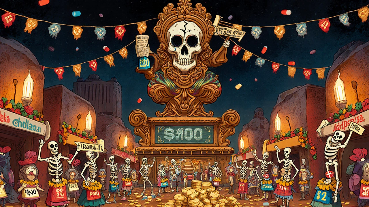 Skeletal vendors in a marketplace selling pills at wildly different prices, with a crumbling brand pill statue above, all in vibrant folk art colors.