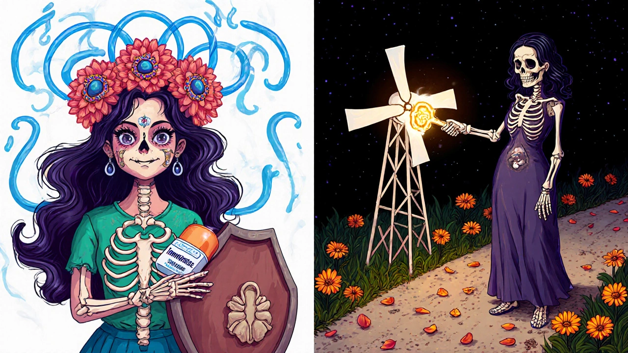 Split scene: a young woman with ovarian crown blocking estrogen waves, and an older woman with crumbling bones turning off an aromatase windmill.