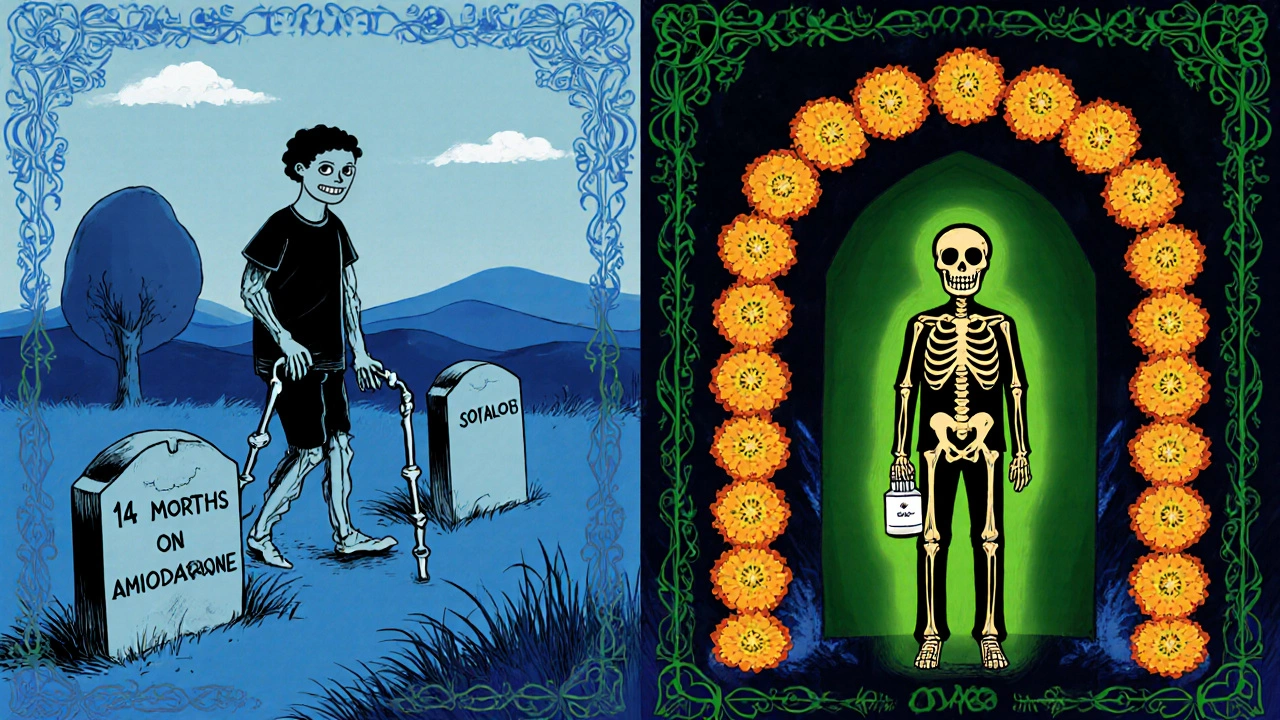 Split scene: one side shows nerve damage from amiodarone, other shows recovery with safer medication, framed by marigolds.