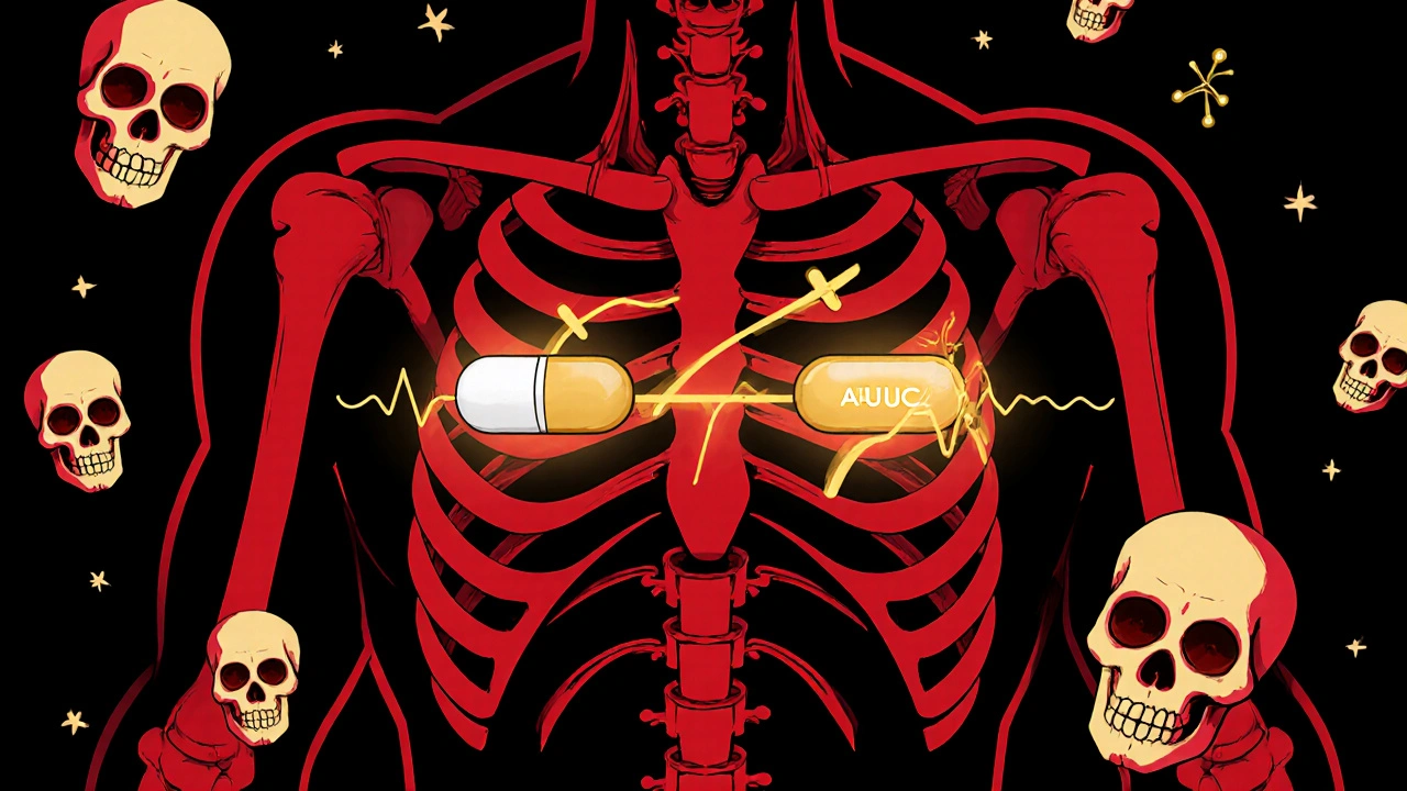 Transparent human torso with identical drug molecules following matching golden AUC paths through blood vessels.