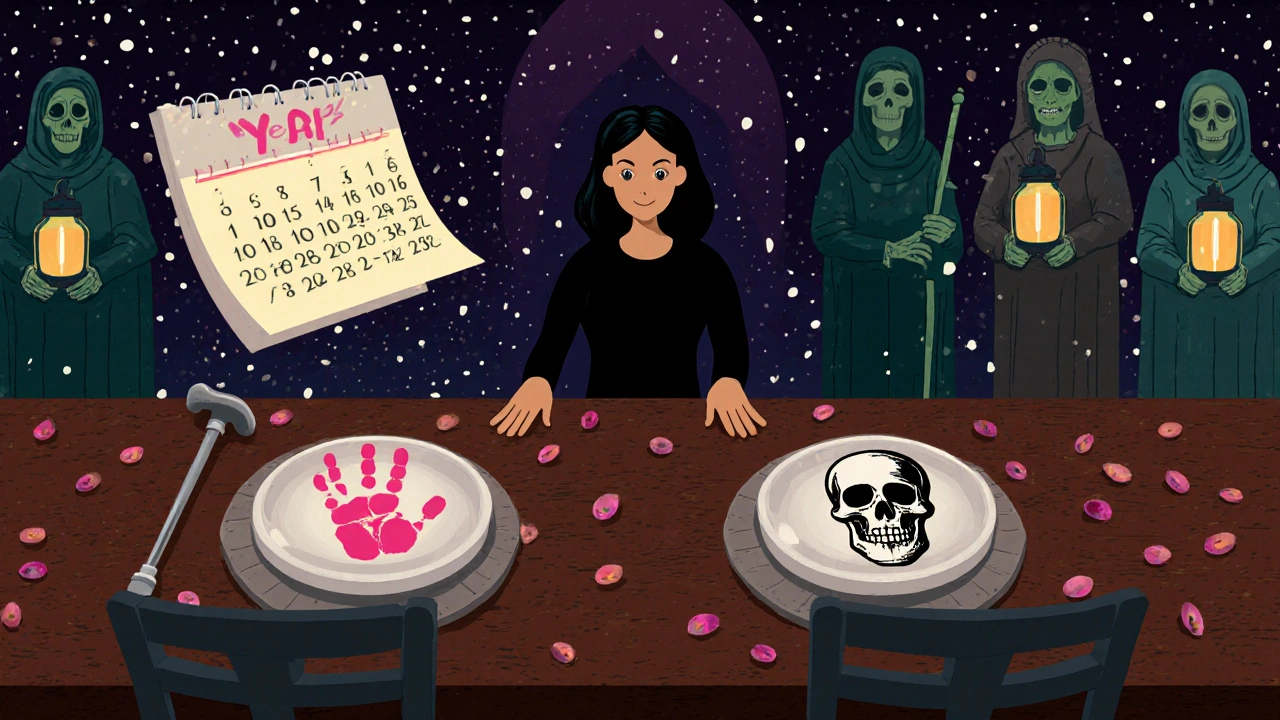 Two pills on ceramic plates beside symbols of life and aging, a calendar flipping years, a woman reaching for both as ancestors watch with lanterns.