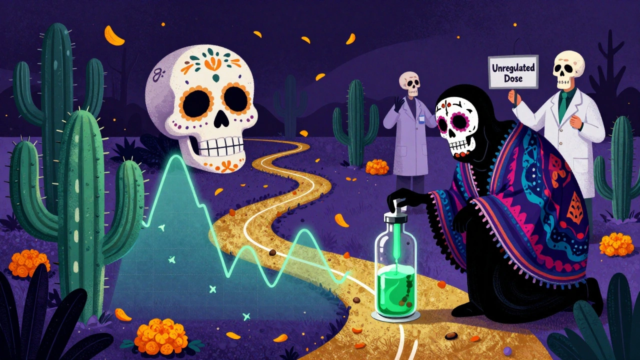 A blood sugar graph winds through a sugar skull landscape as berberine tries to fix rising spikes with syrup.