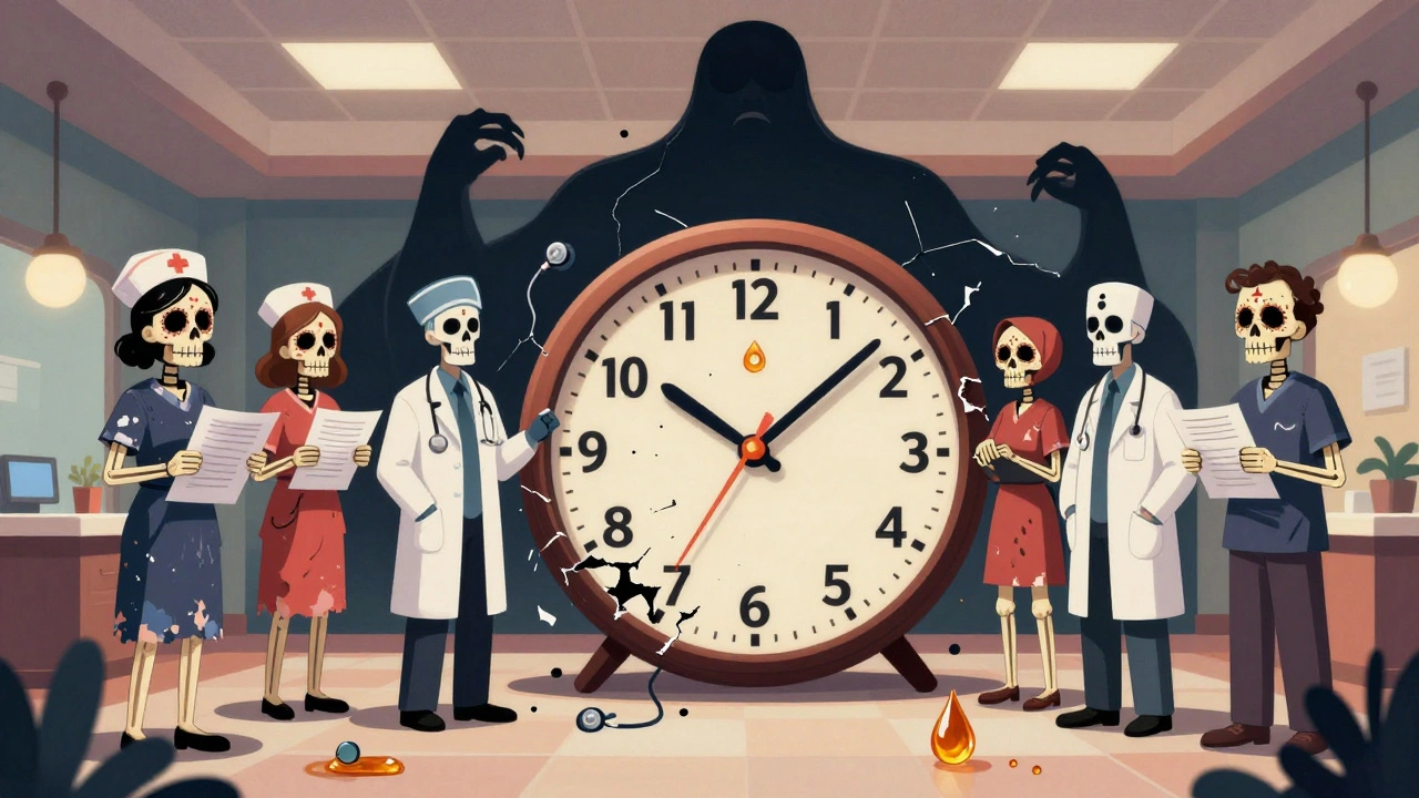 A broken clock at 72 hours surrounded by exhausted healthcare workers, with a shadow of aging Americans looming behind.