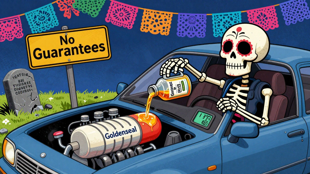 A car with a metformin engine sputters as herbal syrup is poured in, dashboard showing rising glucose, skeleton driver unaware.