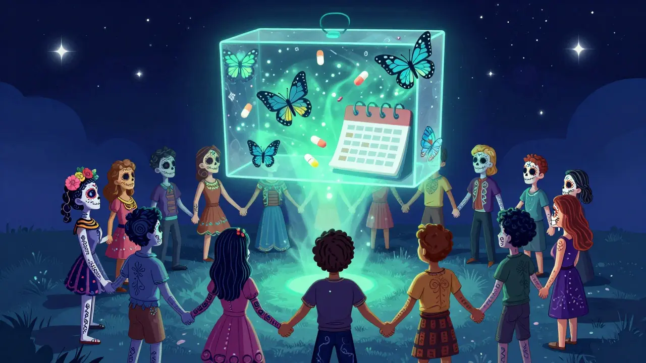 A circle of young people joined by Day of the Dead art, as a warning box turns into butterflies under starlight.