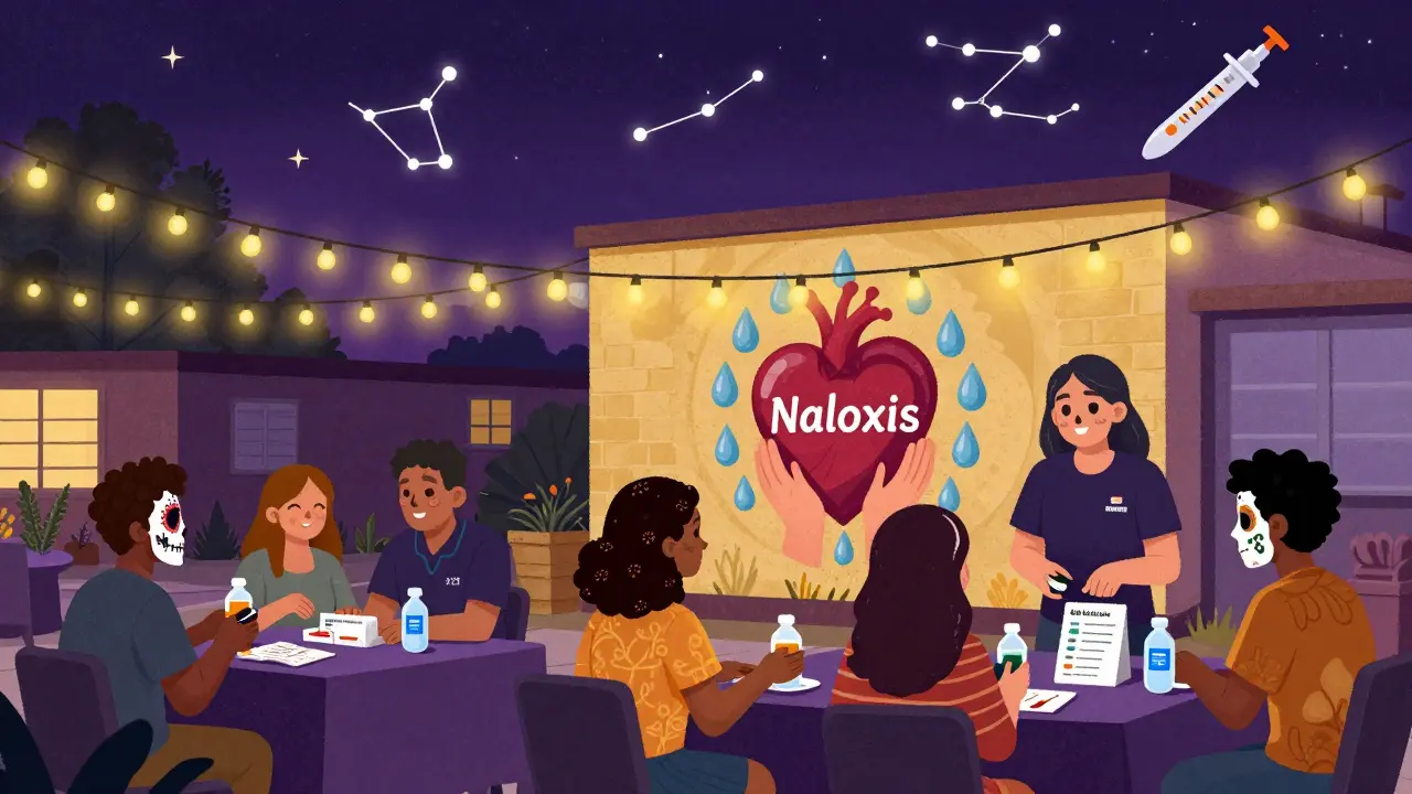A community cooling center at dusk offers water and support, with a mural of hearts and naloxone under starry skies.