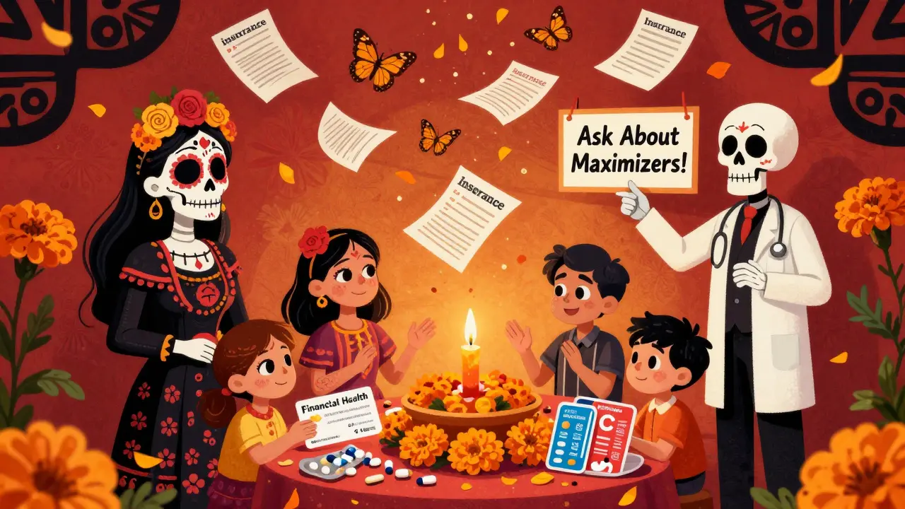 A Day of the Dead altar honors financial health with medication icons and nonprofit symbols.