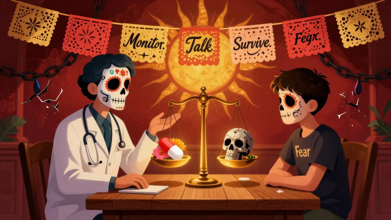 A doctor and teen balanced between a healing pill and a crumbling fear skull, surrounded by symbolic banners.