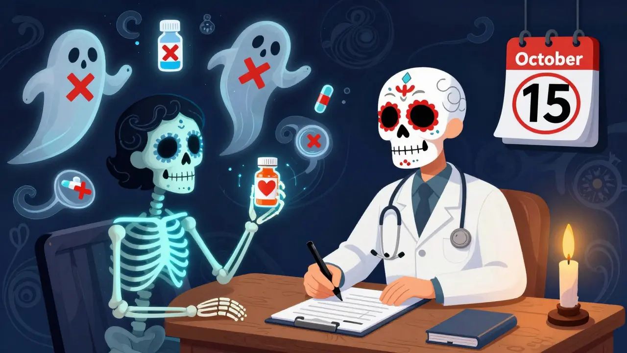 A doctor writes a prior authorization request as a skeletal patient holds a heart pill, with rejected drugs floating away as ghosts under glowing calavera patterns.