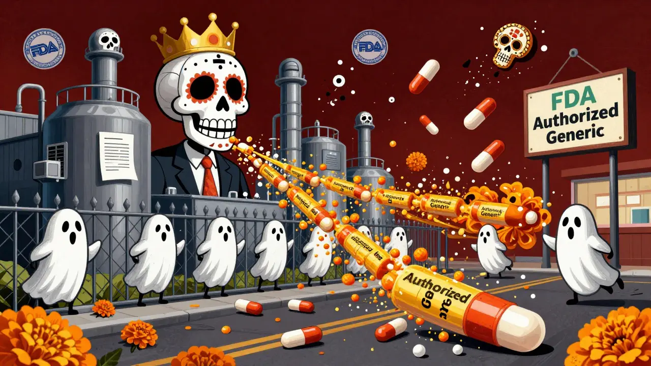A drug factory spits out authorized generic pills as a colorful parade, with ghostly competitors watching behind a fence.