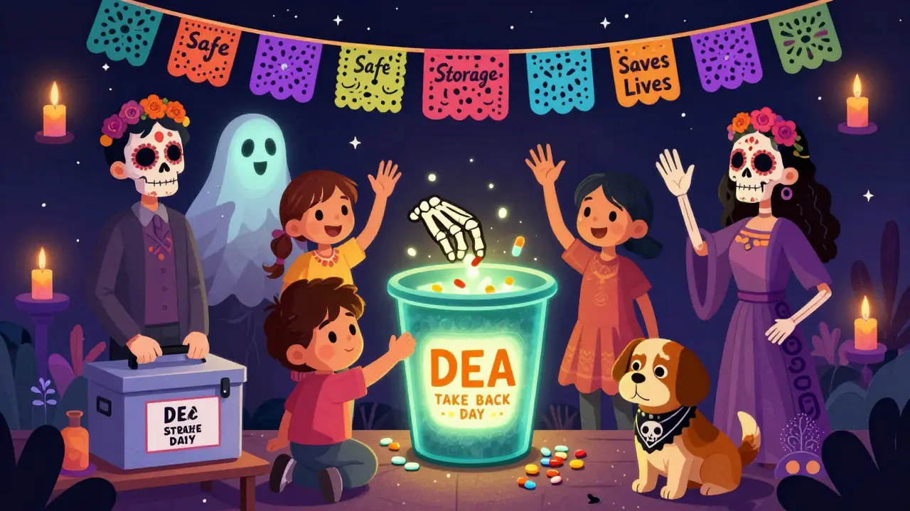 A family drops expired meds into a skeletal hand bin as glowing spirits watch, with a child placing a lockbox and a dog wearing a skull bandana nearby.
