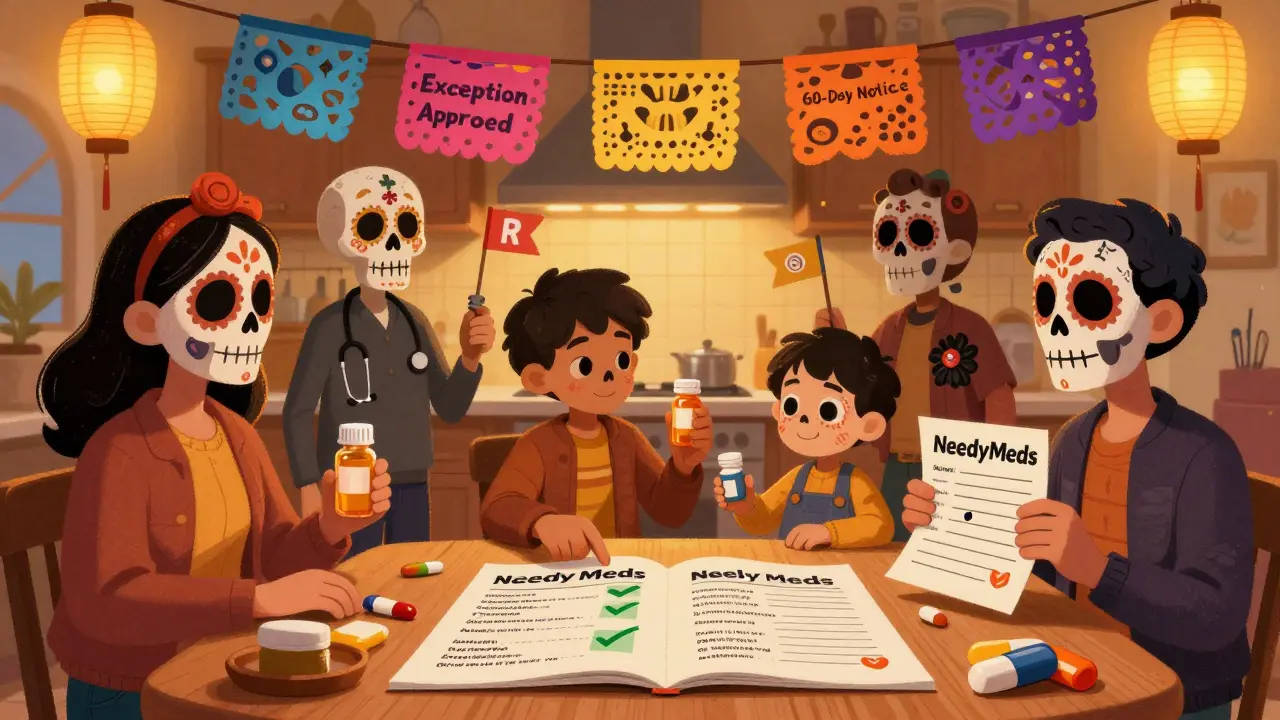 A family reviews a formulary at a table, each holding medications, with sugar skull faces and colorful paper banners showing approval flags in a Day of the Dead scene.