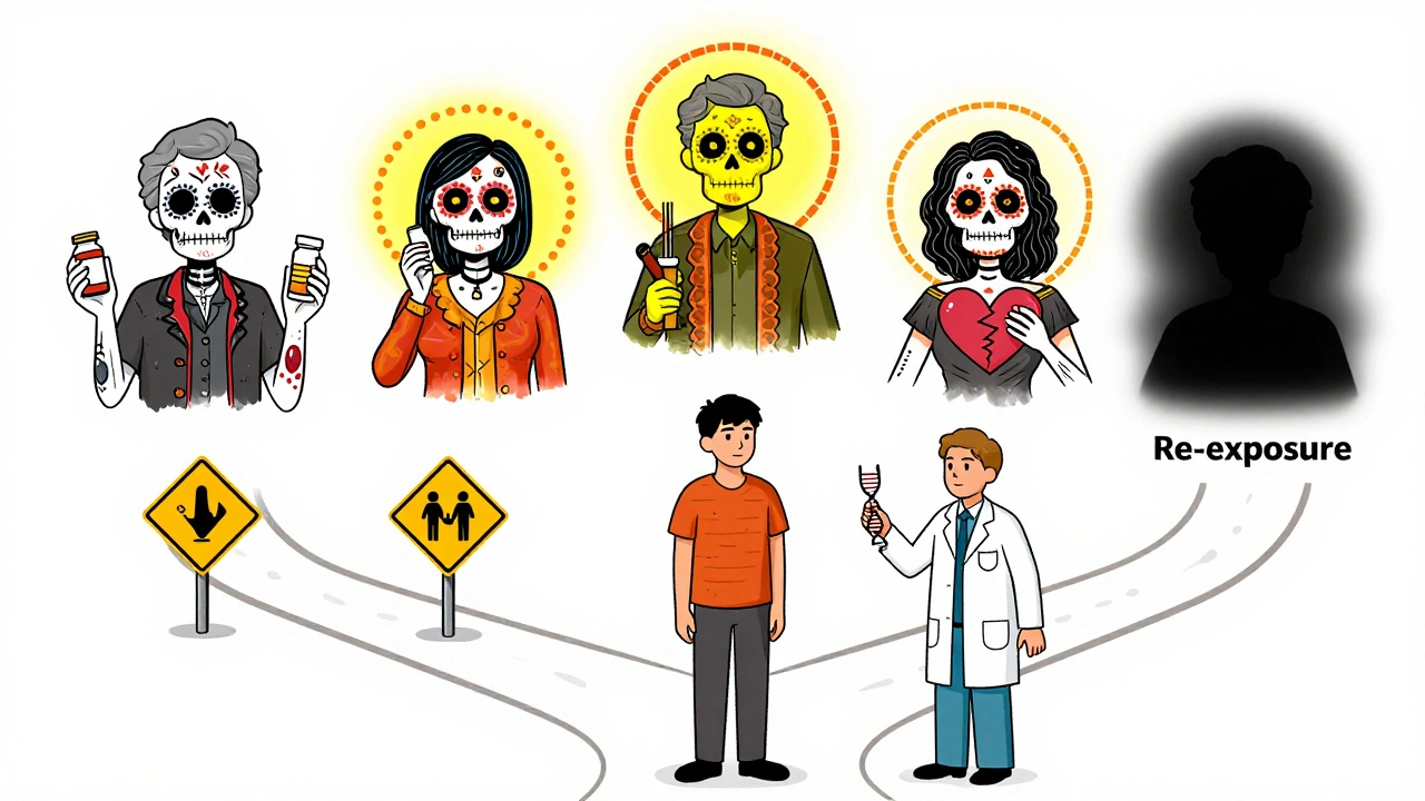 A family tree of drug reactions, with glowing warning figures and a patient facing a crossroads under ceremonial colors.