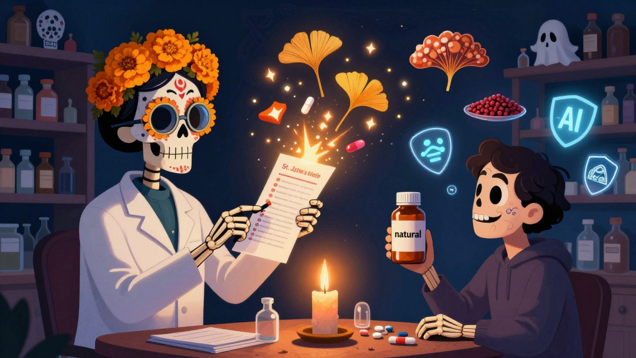 A flower-crowned skeleton pharmacist reviewing dangerous supplements with ghostly sparks, under marigold petals and sugar-skull motifs.