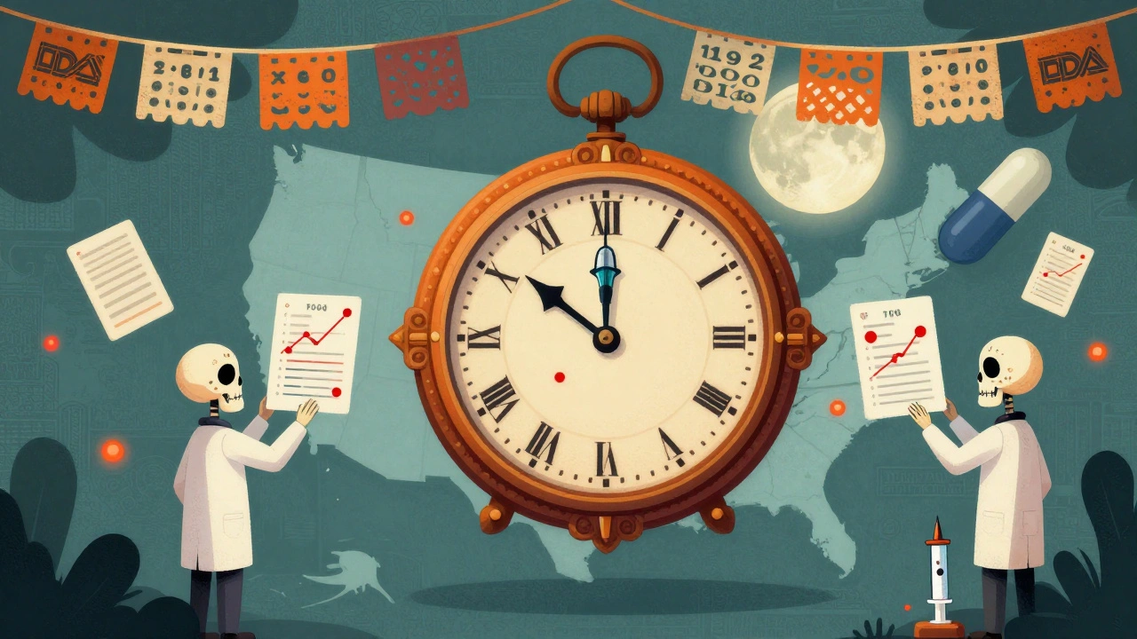 A giant syringe clock ticks over a U.S. map with blinking shortage spots, surrounded by floating test data and FDA logos in papel picado.
