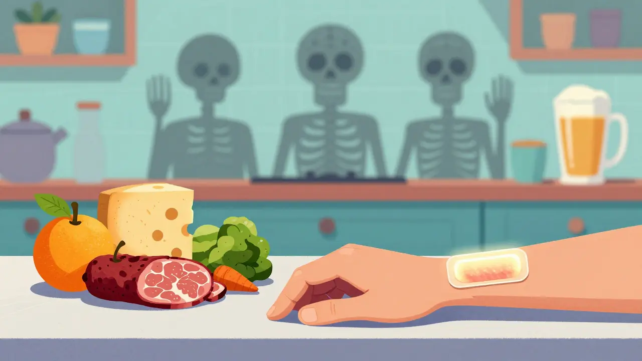 A glowing MAOI patch on an arm, with safe foods in front and forbidden items fading into skeletal shadows.