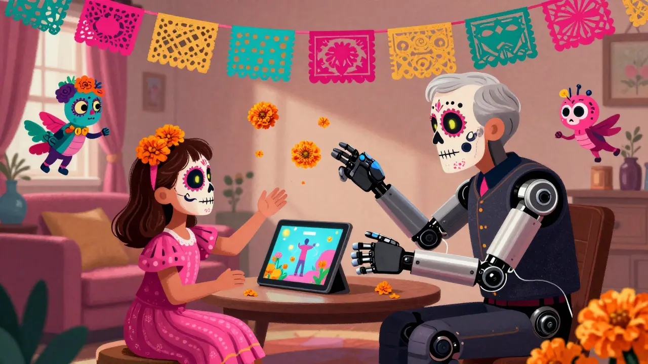A grandfather using a robotic arm during telerehabilitation with his granddaughter, virtual marigolds floating on a tablet, alebrije spirits nearby.