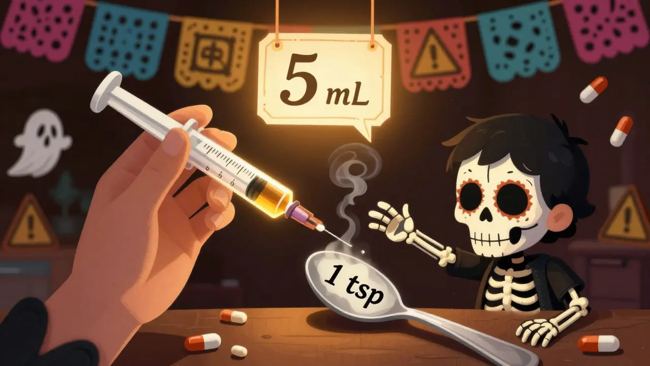 A hand using a medical syringe to measure liquid medicine, while a skull-shaped kitchen spoon looms nearby.