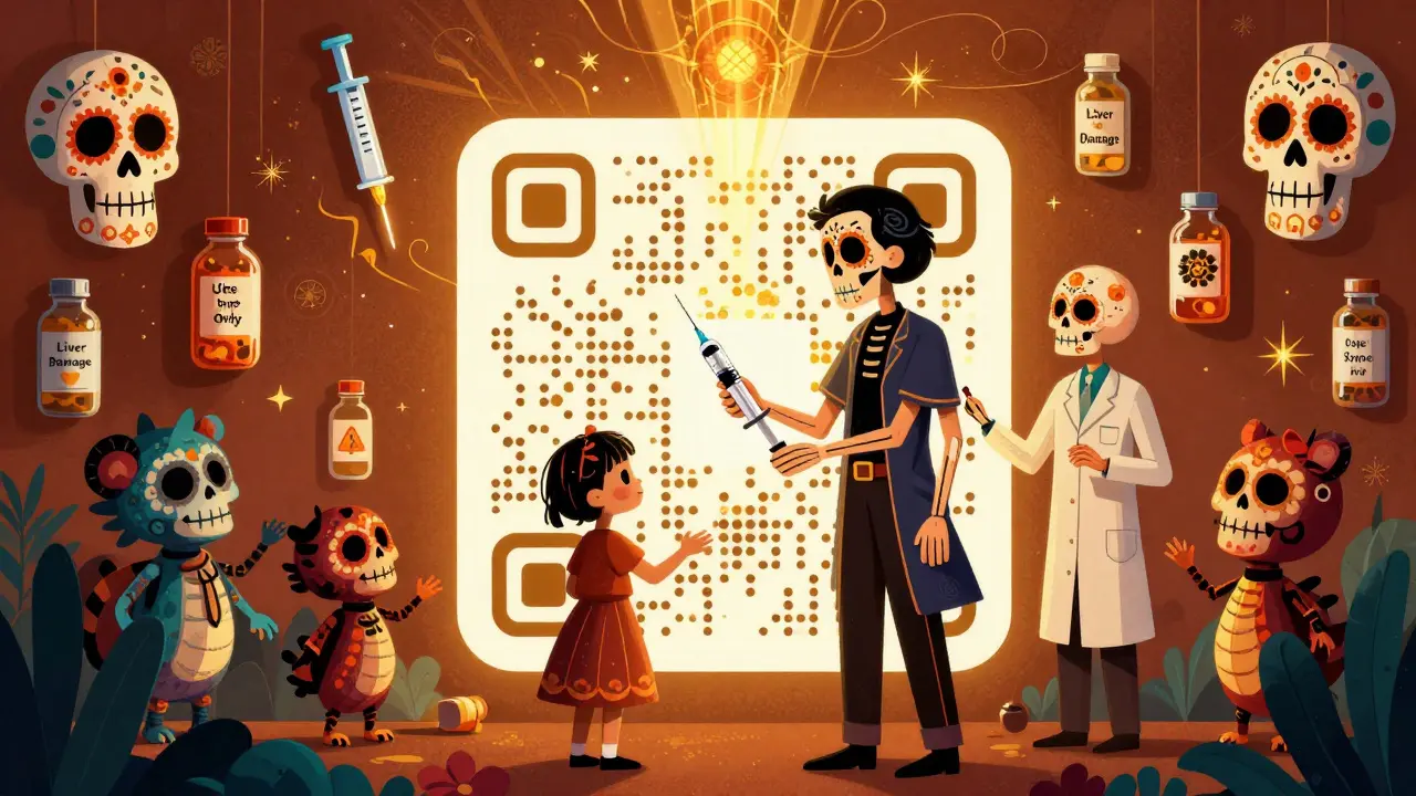 A parent and child stand before a glowing QR code that transforms into a skeletal pharmacist offering a syringe and weight chart.