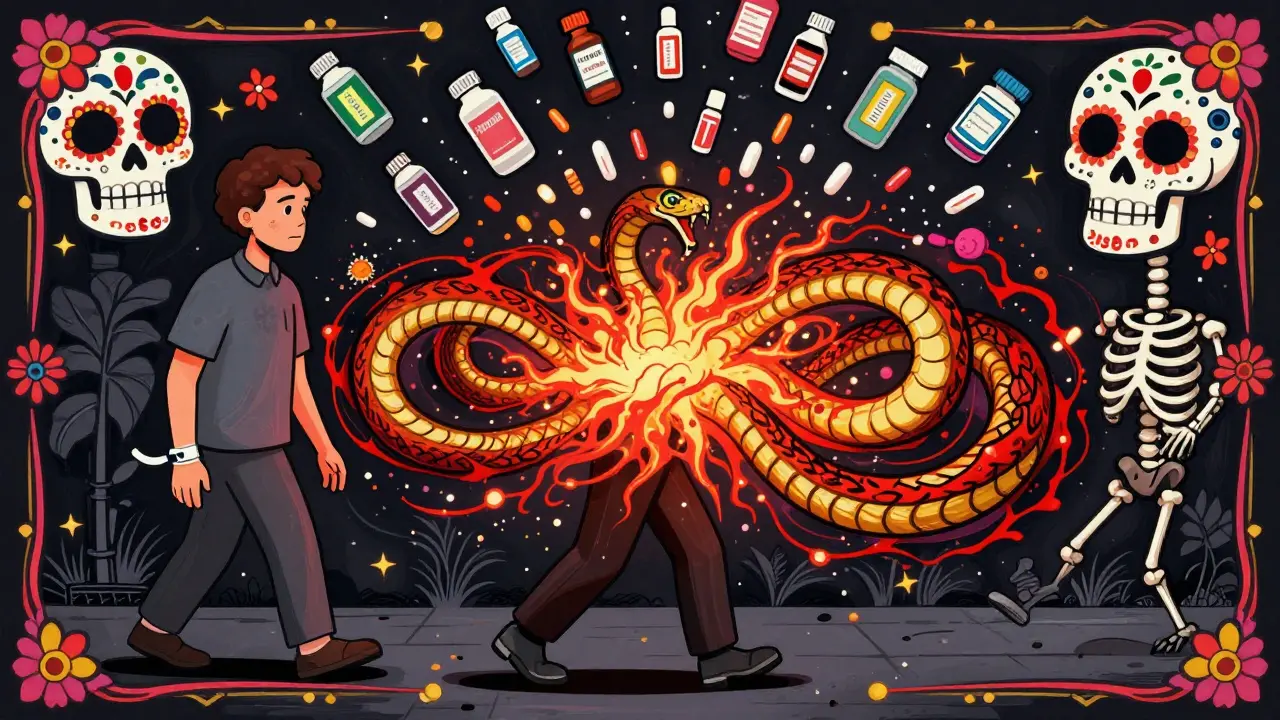 A patient engulfed by serpentine energy from serotonin syndrome, with deadly medications raining down in skull-themed design.