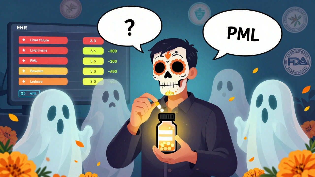 A patient holding a warning-labeled pill bottle as harmful side effects dissolve into petals under dynamic EHR alerts.