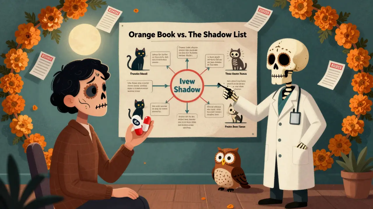 A patient holds two identical pills while a skeleton pharmacist explains the difference using a flowchart and floating receipts.